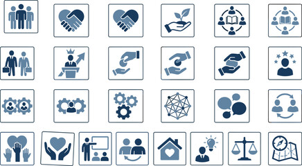 Social responsibility community partnership trust handshake education charity volunteering icons set for ethical business and sustainable development 