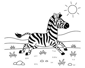 Fototapeta premium A black and white line drawing of a running zebra in a landscape