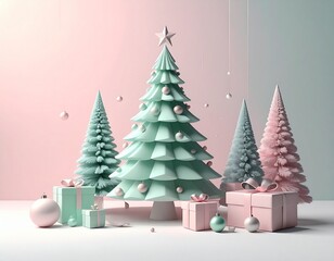 A minimalist and modern display of pastel pink and mint green Christmas trees with gift boxes and ornaments, set against a soft gradient background.