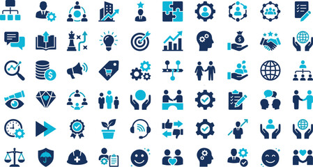 Business Management Strategy and Corporate Development Icons Set: Teamwork, Growth, Success, Finance, Marketing, Leadership, and Professional Services Flat Vector Illustration