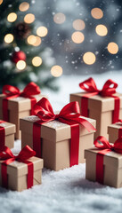 Obraz premium Christmas gift boxes with red ribbons on snow and bokeh background