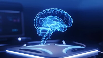 Digital brain hologram glowing blue in futuristic research lab interface - Powered by Adobe