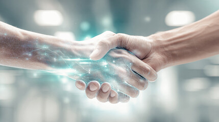 Handshake technology partnership digital connection business deal collaboration agreement