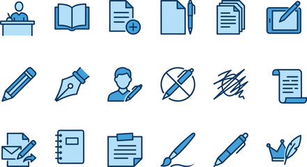 Writing education documentation creative process authorship literature publishing legal contract learning study signature icons set for academic and business purposes