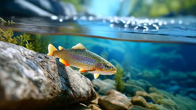 Crystal river eddy with rainbow trout hovering behind rock, polarized clarity, meditative freshwater scene, with copy space
