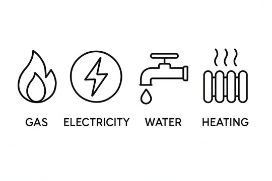 Energy Resource Icons: A minimalist representation of essential utility symbols, including gas, electricity, water, and heating, highlighting the foundational elements of modern life.