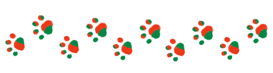 クリスマスカラーのねこの足跡のライン　クレヨンタッチ