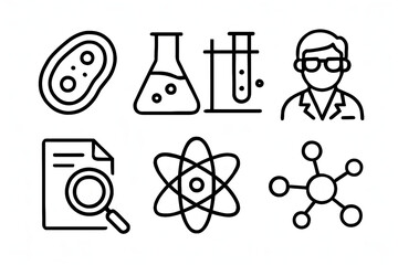 Science Icons Illustration: A collection of concise icons representing key elements and figures within the realm of scientific study, perfect for visual communication.