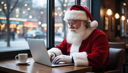 Santa Claus using laptop in cafe. Christmas and New Year concept.