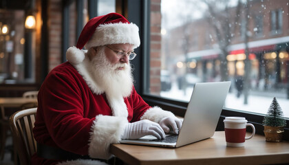Santa Claus sitting at a table and working on a laptop in a cafe