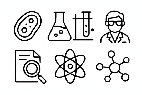 Science Icons Illustration: A collection of concise icons representing key elements and figures within the realm of scientific study, perfect for visual communication.
