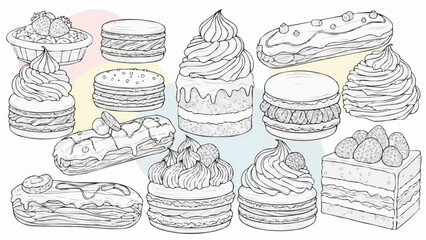 A delightful array of desserts featuring cakes eclairs macarons and fruit tarts in a black and white sketch