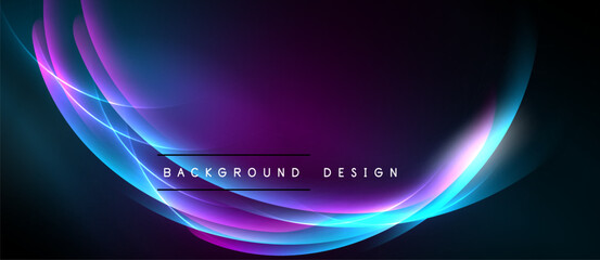 Abstract light streaks form curved shapes. Dark background contrasts vibrant blue, purple hues. Text reads background design.