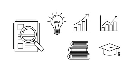 Knowledge is Power: Conceptual illustration featuring a magnifying glass examining documents, a lightbulb illuminating insight, charts displaying growth, stacks of books representing learning.