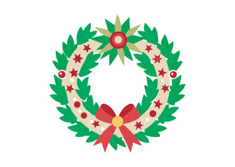 Christmas wreath made of green leaves decorated with red bow and colorful berries on beige background, festive holiday ornament. Flat vector illustration logo icon on white background