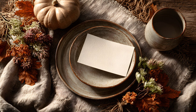 Autumnal table setting with blank menu. Seasonal dining arrangement features an empty card perfect for thanksgiving feast fall gathering or rustic wedding reception customize your