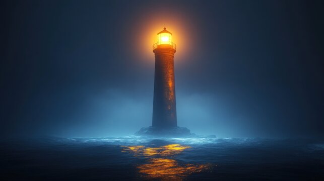 Luminous lighthouse in foggy night - Powered by Adobe