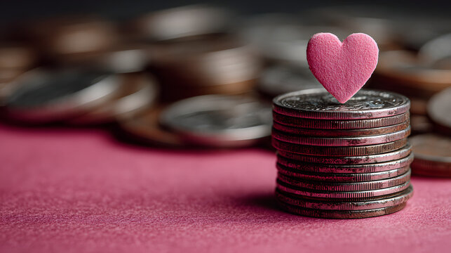 A stack of coins topped with a pink heart, symbolizing love for finance and investment in a vibrant background.