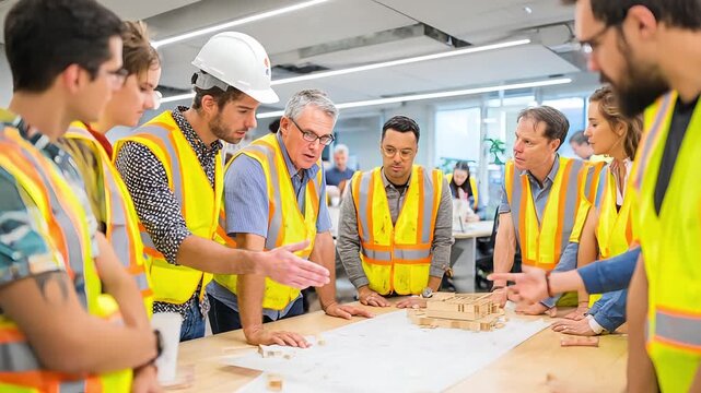 Diverse team of construction professionals collaborating on a blueprint at a table