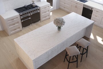 Spacious kitchen interior with wooden flooring, neutral cabinets. Mockup. 3D Rendering