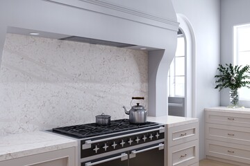 Elegant white kitchen featuring marble backsplash, gold accents, and soft natural daylight, installed cook top with oven. White ambience. 3D Rendering