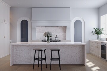 Vintage stylish modular kitchen with matte quartz counters, tiled walls, and modern bar-style lighting. 3D Rendering. Mockup. 3D Illustrations. High Resolution