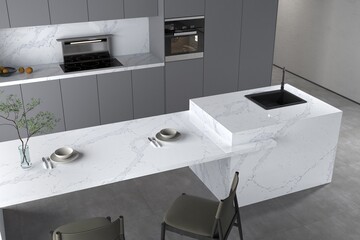 Minimalist kitchen design featuring matt gray marble flooring, floating shelves, and warm ambient lighting, white kitchen countertop. 3D Rendering. Mockup