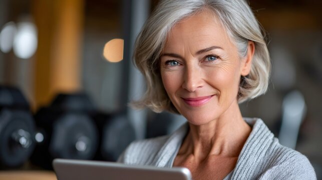 Senior woman smiling, using digital tablet in gym