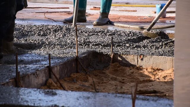Construction workers pour concrete floors, Concrete pouring during commercial floor construction faceless workers coordinating defocused, Construction workers pouring concrete over metal grid with cem