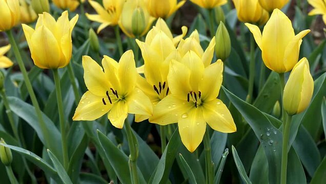 Natural 4K Ultra HD close up video of a dense profusion of clumps of yellow daffodils Narcissus pseudonarcissus atop stems with vibrant green lance shaped foliage