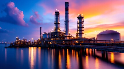 Oil refinery industry operating at colorful sunset