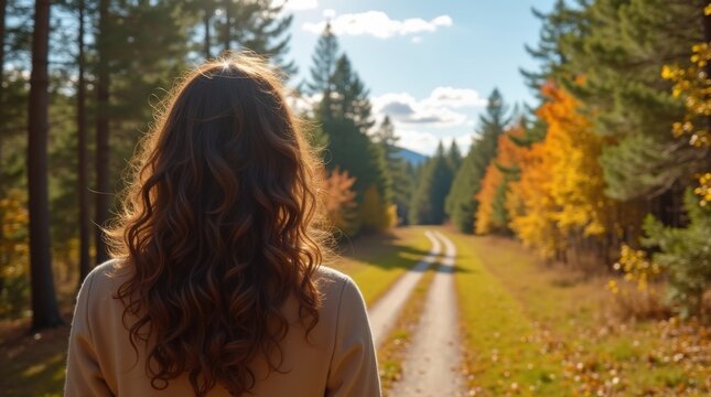 Vista posterior de una mujer mirando el bosque oto&ntilde;a