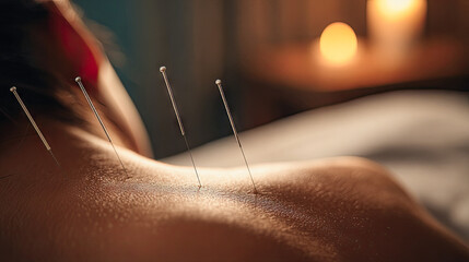 Closeup of acupuncture needles in back for pain relief and wellness treatment session spa