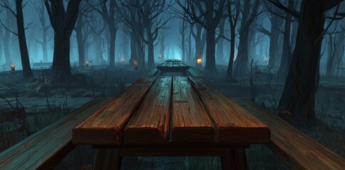 A dark forest is transformed into a place of mystery and magic by the presence of a lit wooden table