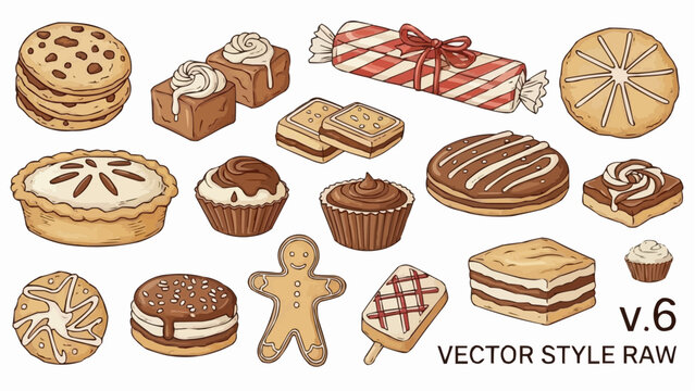 Assortment of baked goods including cookies brownies cupcakes pie and a gingerbread man illustration