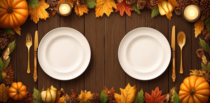 Table setting for Thanksgiving Day featuring autumnal decorations, such as pumpkins and candles