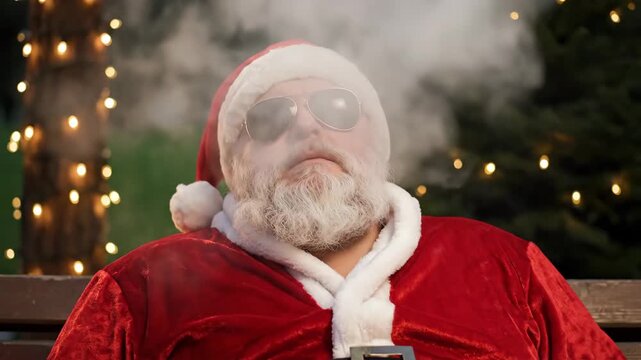 christmas mascot unwinding during serene winter night, jolly santa taking break outside on calm winter evening, cheerful santa claus relaxing peacefully outdoors amidst tranquil winter setting.