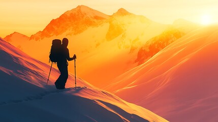 Adventure: Hiker silhouette on mountain peak at sunset, with an orange-lighted sky and stunning landscape view