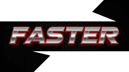 \"FASTER\" text graphic with a stylized arrow indicating speed and momentum on a dark background, representing acceleration and progress in a dynamic and modern style