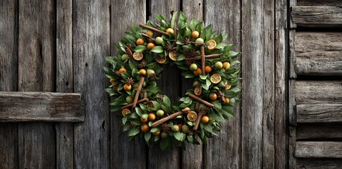 Natural elements are used in a festive christmas wreath that decorates a teal door for holiday cheer