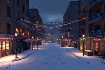 A snowy small town street is decorated for Christmas as part of the winter festivities
