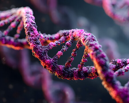 Close-up of a purple DNA strand against a dark background, symbolizing genetics.