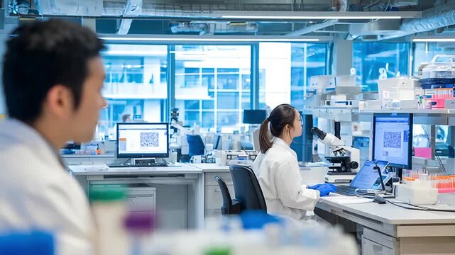 Scientists collaborating in a modern laboratory, focused on research and discovery.