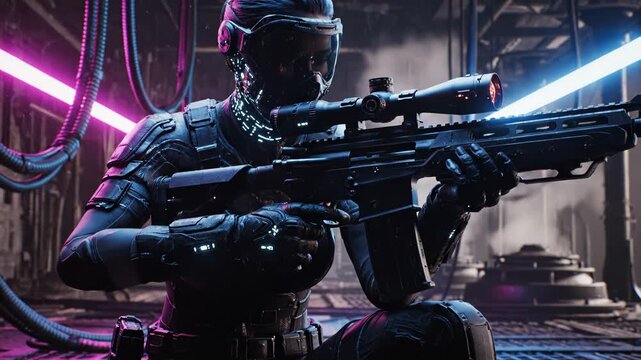 Cyberpunk female soldier in tactical gear and futuristic mask aiming a sniper rifle in a neonlit industrial setting