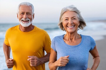 Senior couple jogging on beach showing active lifestyle