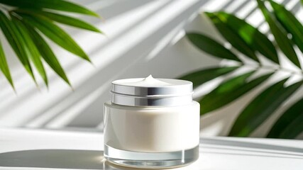 Cream Jar with Green Leaves and Shadows. - Powered by Adobe