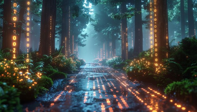 Digital Forest Trail: A serene forest path is illuminated with binary code, where nature blends with digital innovation, creating a vision of the future.