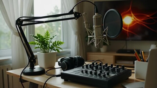 Podcast recording setup with mic and audio mixer video