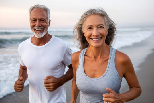 Senior couple jogging happy on beach enjoying healthy lifestyle