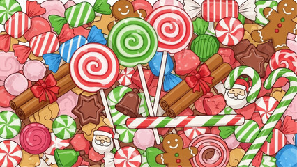 Fototapeta premium A colorful assortment of christmas candies and gingerbread men in a festive holiday arrangement view